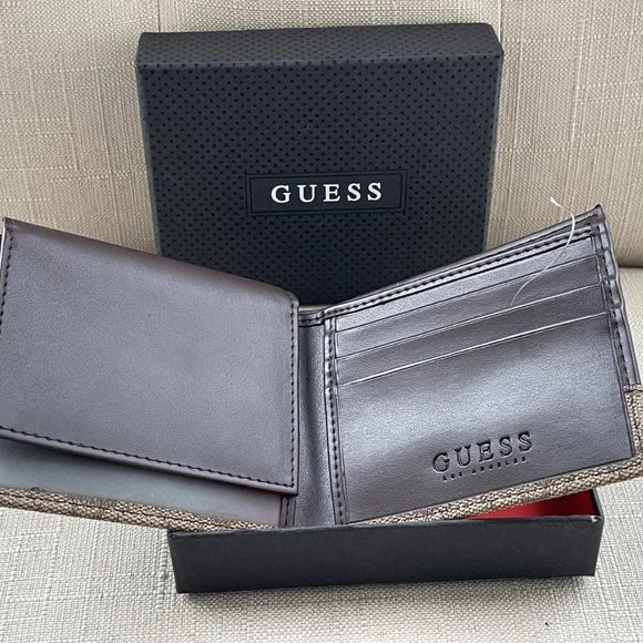 Guess Men Billfold Cardholder Brown Leather Bifold Wallet Purse New In Box - Picture 4 of 12